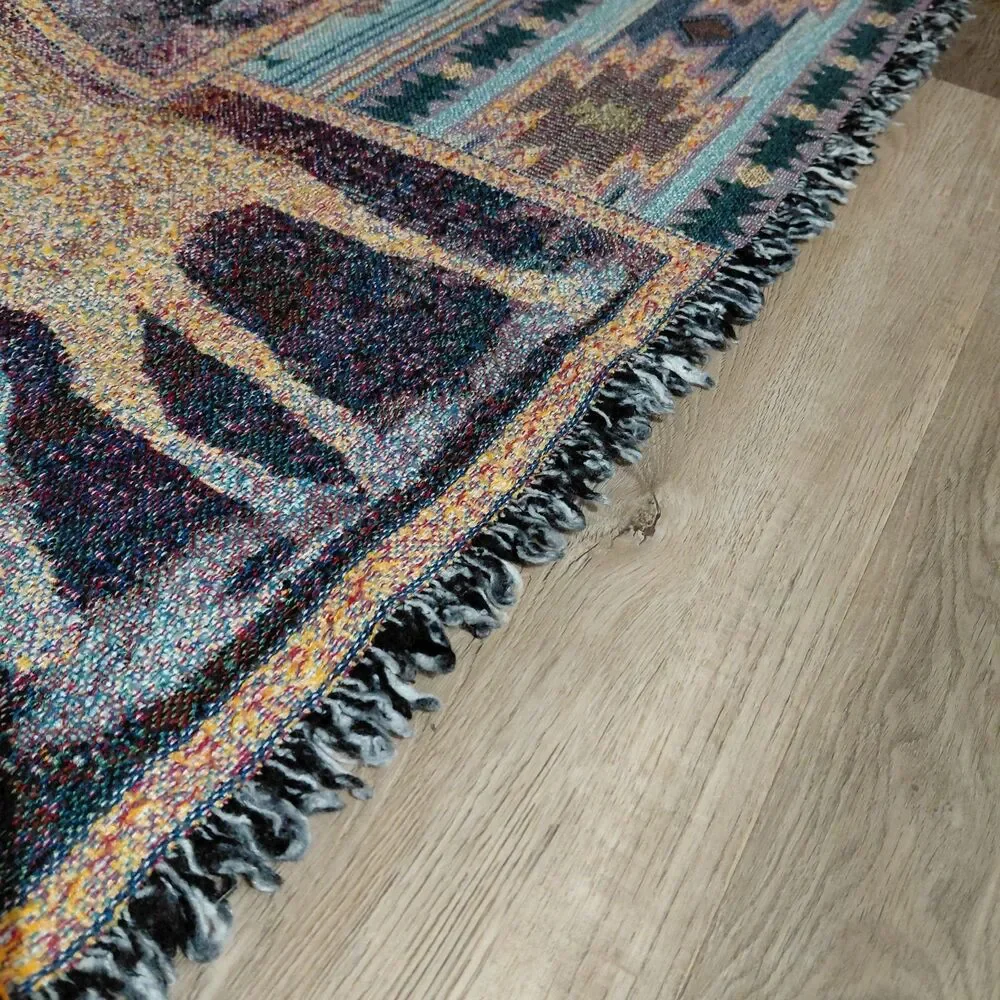 Vintage 90s C. Cummings Horses Fringe Throw Tapestry Blanket 8ft 9